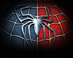 Metallic Spider-Man Logo on Red and Blue Textured Web Background, Spiderman, web, movie, marvel HD wallpaper