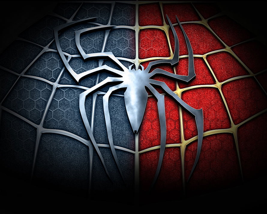 Metallic Spider-Man Logo on Red and Blue Textured Web Background, Spiderman, web, movie, marvel HD wallpaper