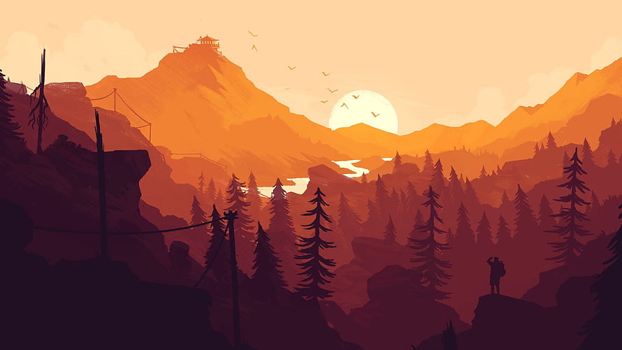 Silhouette of a hiker overlooking a vast mountain valley at sunset with pine trees and a distant cabin HD wallpaper