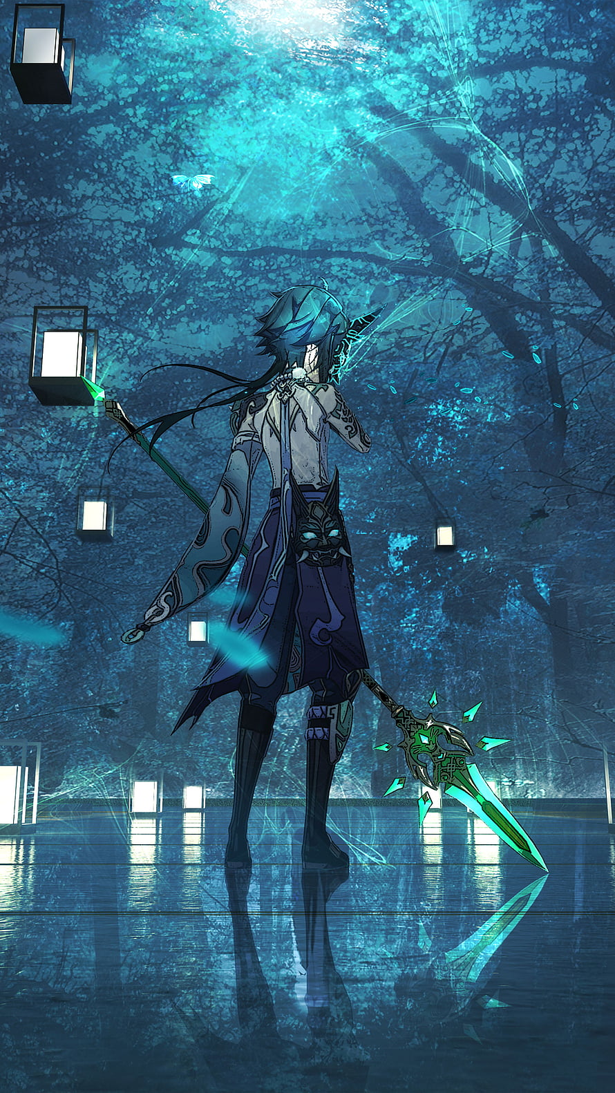 Anime character with glowing green sword standing in a mystical blue forest with floating lanterns HD phone wallpaper