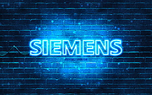 Siemens Neon Sign Glowing Blue on Dark Brick Wall HD wallpaper
