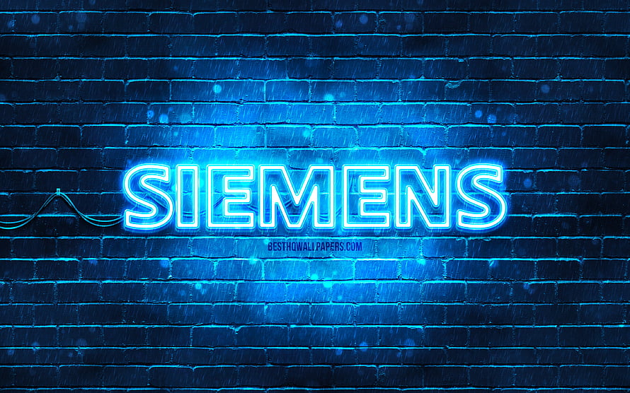 Siemens Neon Sign Glowing Blue on Dark Brick Wall HD wallpaper