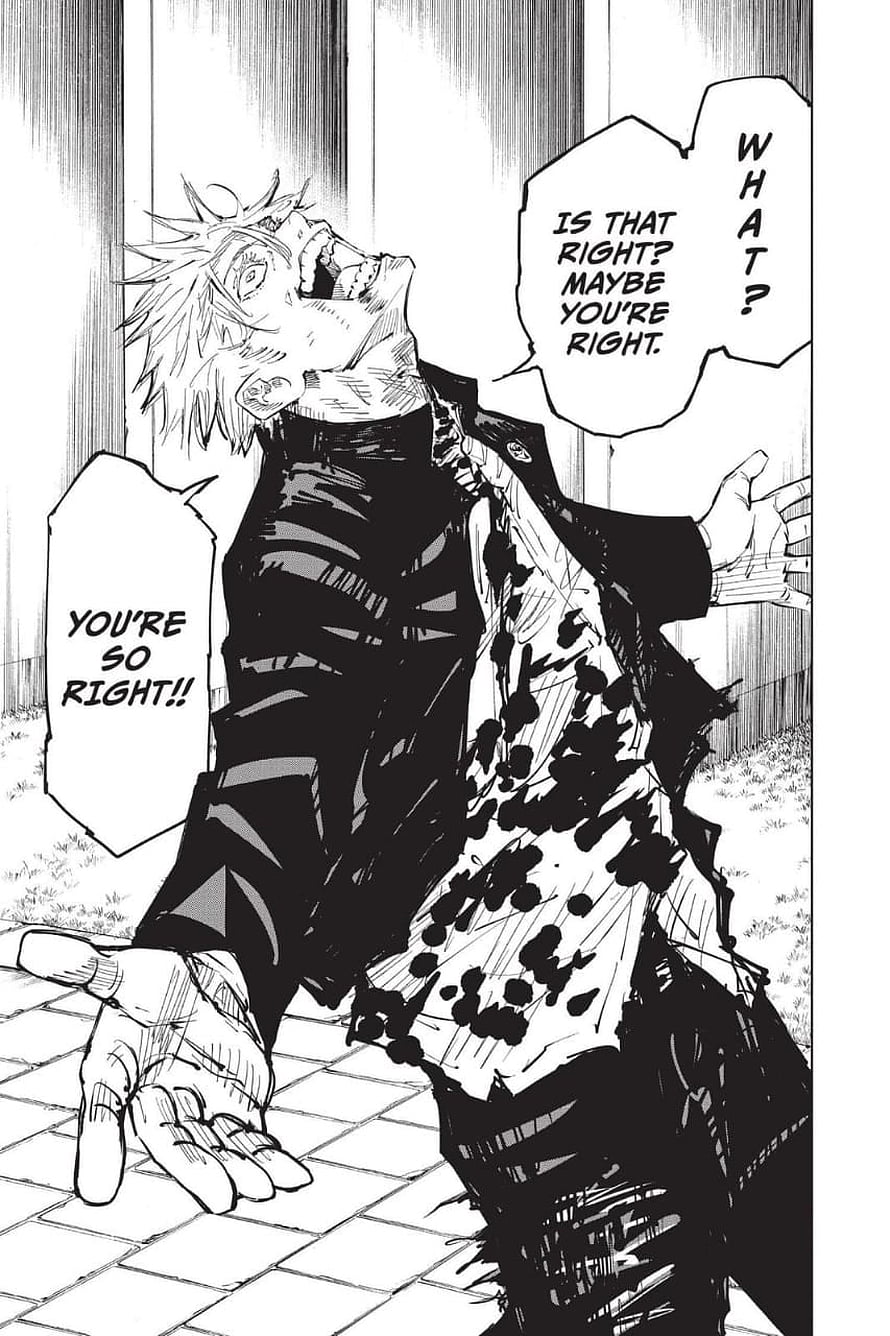 Gojo Satoru manga panel from Jujutsu Kaisen showing a dramatic reaction with speech bubbles HD phone wallpaper
