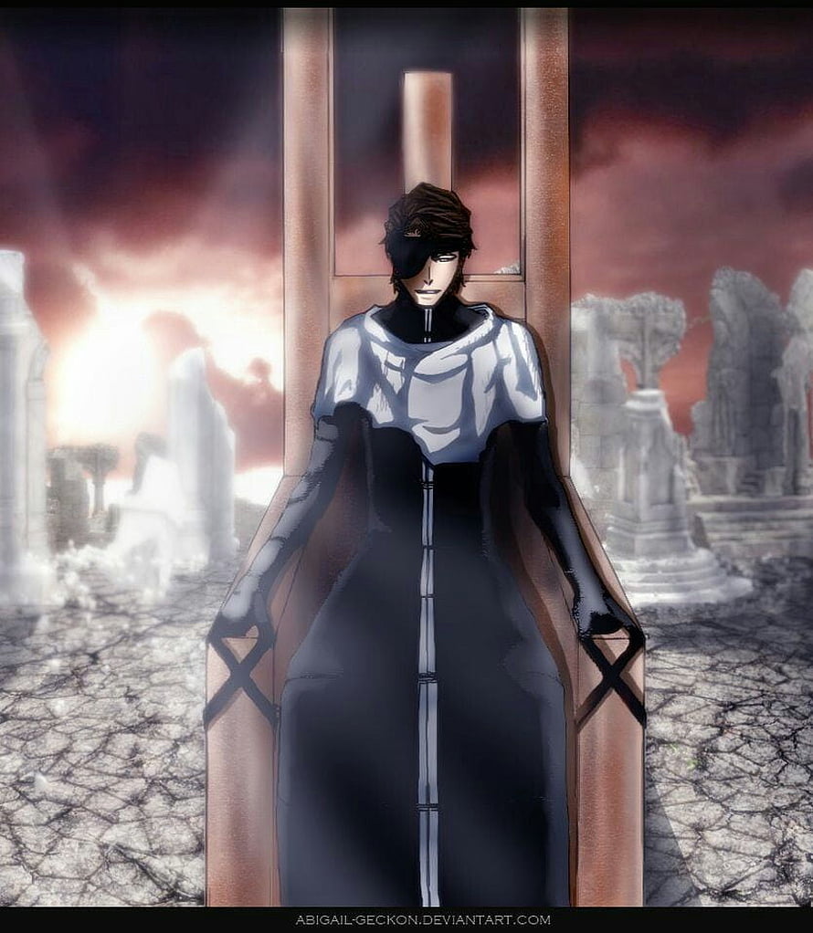 Sousuke Aizen in Bleach Standing Before a Cross in a Ruined Landscape HD phone wallpaper