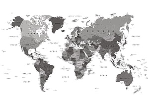Monochrome Political World Map with Country Borders and Ocean Labels HD wallpaper