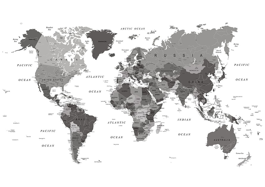Monochrome Political World Map with Country Borders and Ocean Labels HD wallpaper