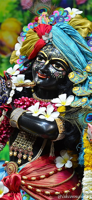 Colorful Krishna Deity Statue Playing Flute with Peacock Feather Crown HD phone wallpaper