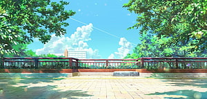 Koe no Katachi Park Scenery with Lush Trees and Bright Blue Sky HD wallpaper