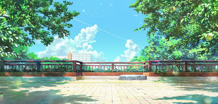 Koe no Katachi Park Scenery with Lush Trees and Bright Blue Sky HD wallpaper
