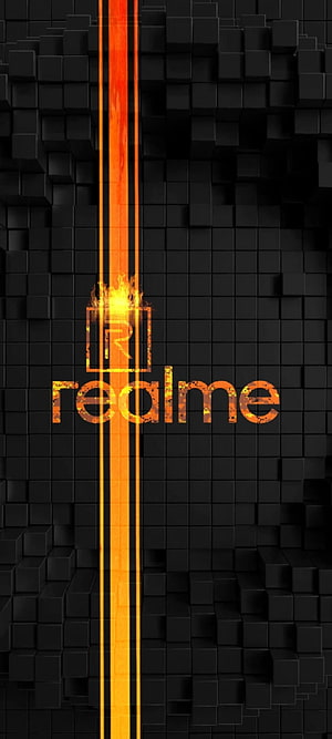 Realme Orange Flame Logo on Black 3D Cube Grid Background HD phone wallpaper