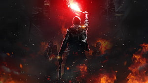 Soldier Holding Red Flare Amidst Fire and Smoke in War Zone HD wallpaper