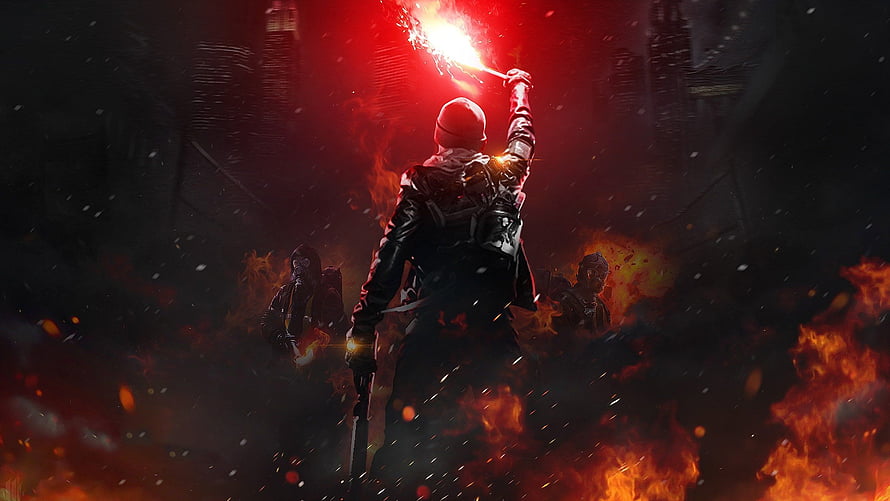 Soldier Holding Red Flare Amidst Fire and Smoke in War Zone HD wallpaper