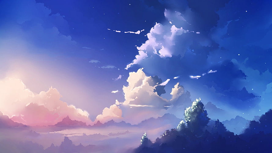 Dreamy Anime Sky With Fluffy Clouds And Silhouetted Trees At Sunset HD wallpaper