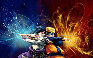 Naruto Uzumaki and Sasuke Uchiha Clashing Swords in Dynamic Anime Artwork HD wallpaper