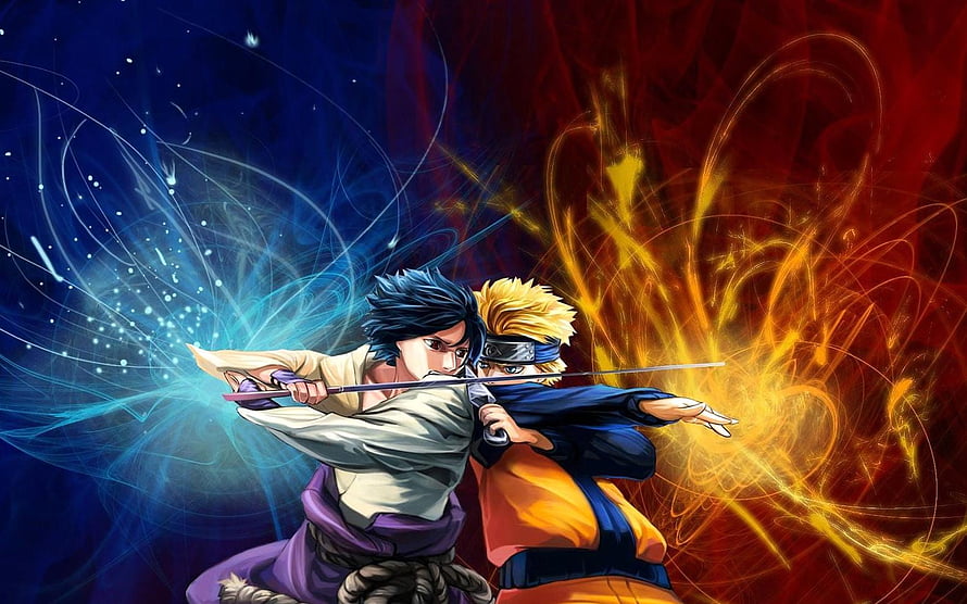 Naruto Uzumaki and Sasuke Uchiha Clashing Swords in Dynamic Anime Artwork HD wallpaper