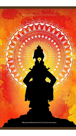 Silhouette of Hindu Deity Ganesha with Third Eye Against Vibrant Orange Mandala Background, Vitthal, Vithu Mauli, Art, Painting HD phone wallpaper