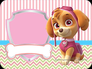 Skye from Paw Patrol in a pink party frame with bone banner and chevron pattern background HD wallpaper