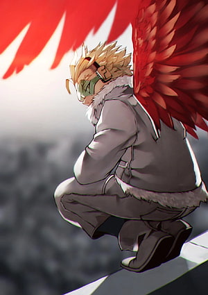Hawks from My Hero Academia Crouching with Red Wings and Goggles HD phone wallpaper