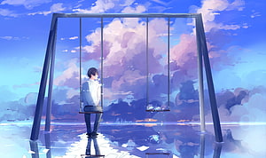 Anime Boy Sitting on Swing Under Cloudy Sky HD wallpaper