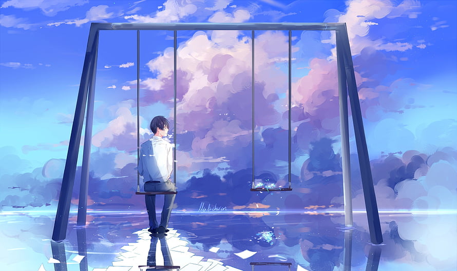 Anime Boy Sitting on Swing Under Cloudy Sky HD wallpaper
