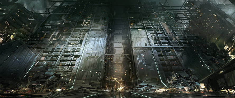 Cyberpunk dystopian cityscape with towering industrial structures and neon-lit streets HD wallpaper