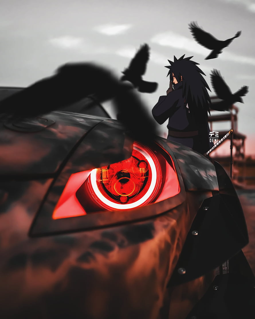 Uchiha Madara and Akatsuki with JDM Car and Red Sharingan Headlight HD phone wallpaper