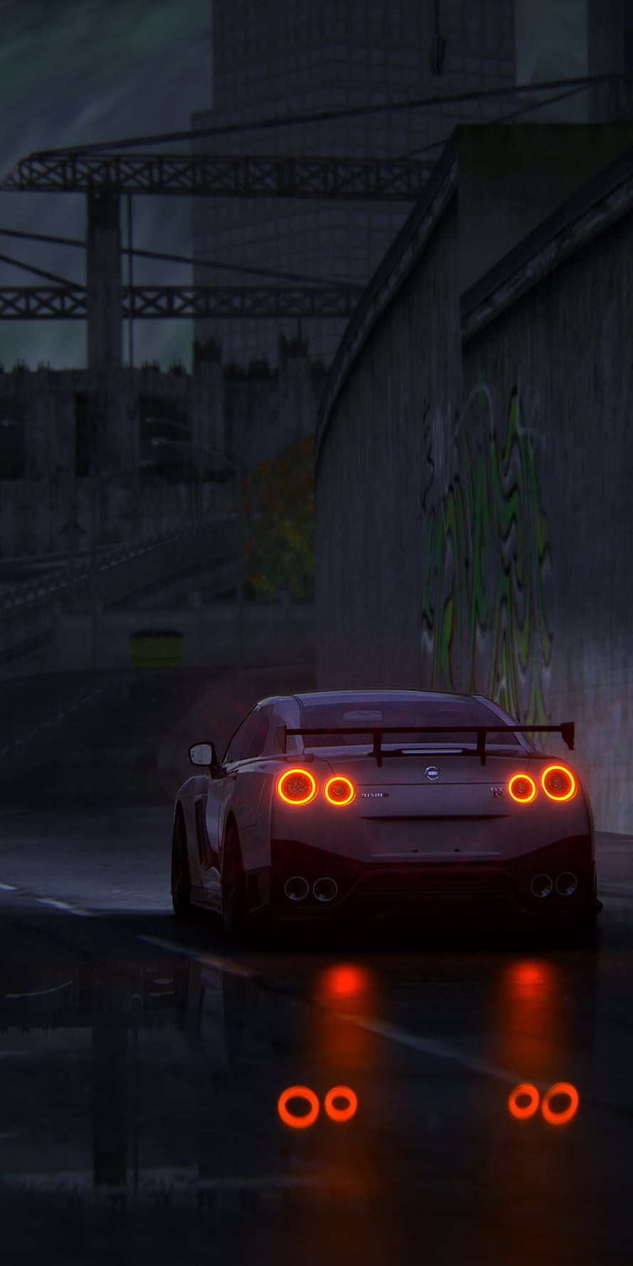 Nissan GT-R R35 Rear View in Dark Urban Setting with Neon Taillights HD phone wallpaper