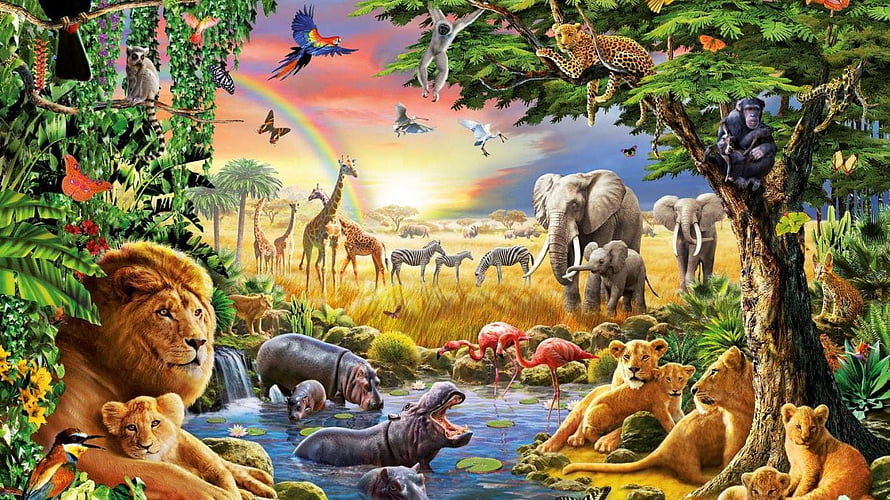 Vibrant African Savanna Wildlife Collage Featuring Lions, Elephants, and Hippos HD wallpaper