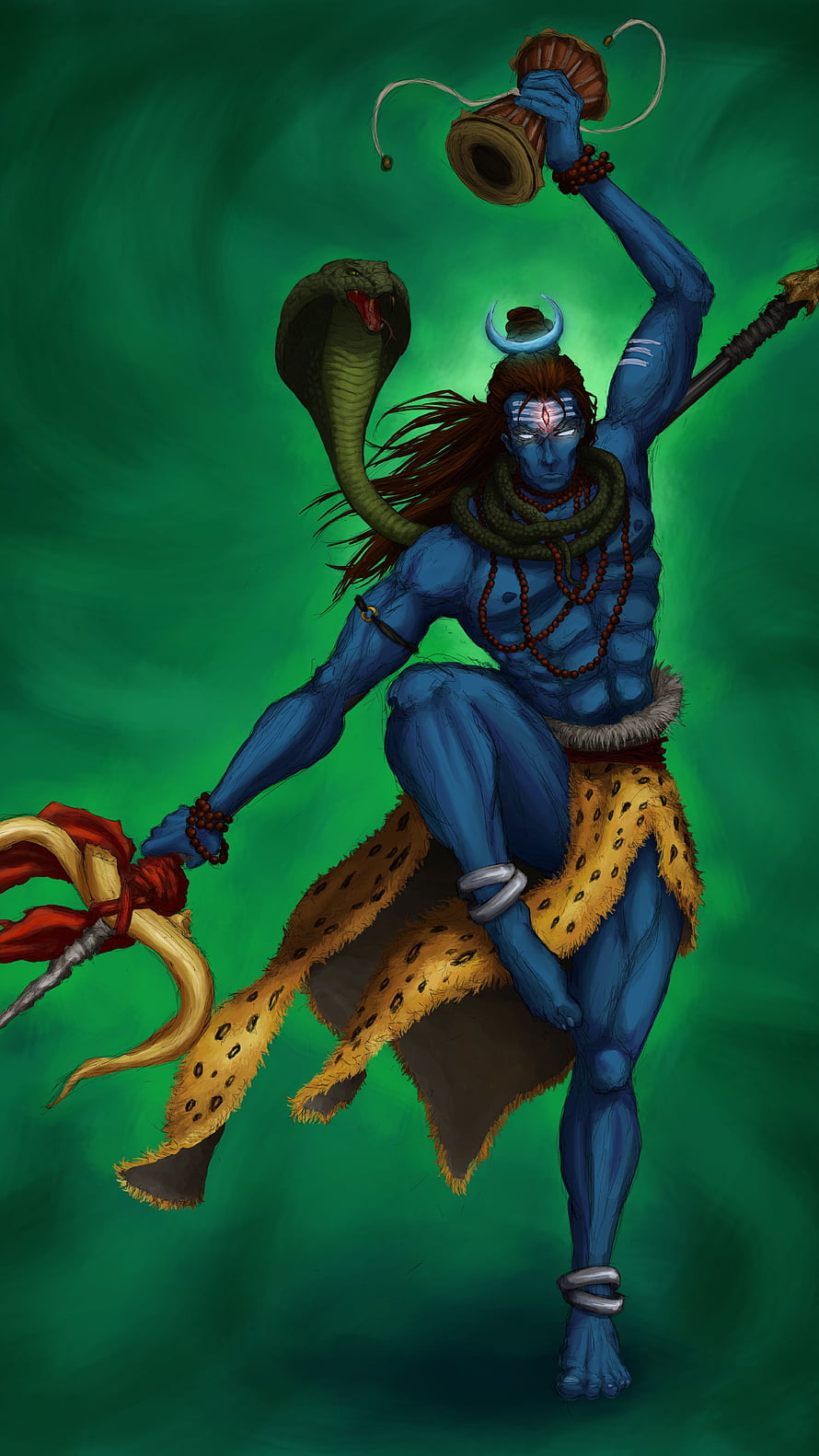 Blue-skinned Hindu deity Shiva dancing with trident, drum, and cobra against green background HD phone wallpaper