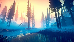 Misty Pine Forest at Sunrise with Warm Golden Light and Cool Blue Tones HD wallpaper