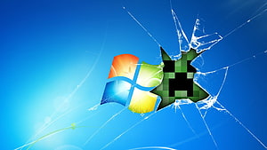 Minecraft Creeper Shattering Windows Logo on Blue Background HD wallpaper