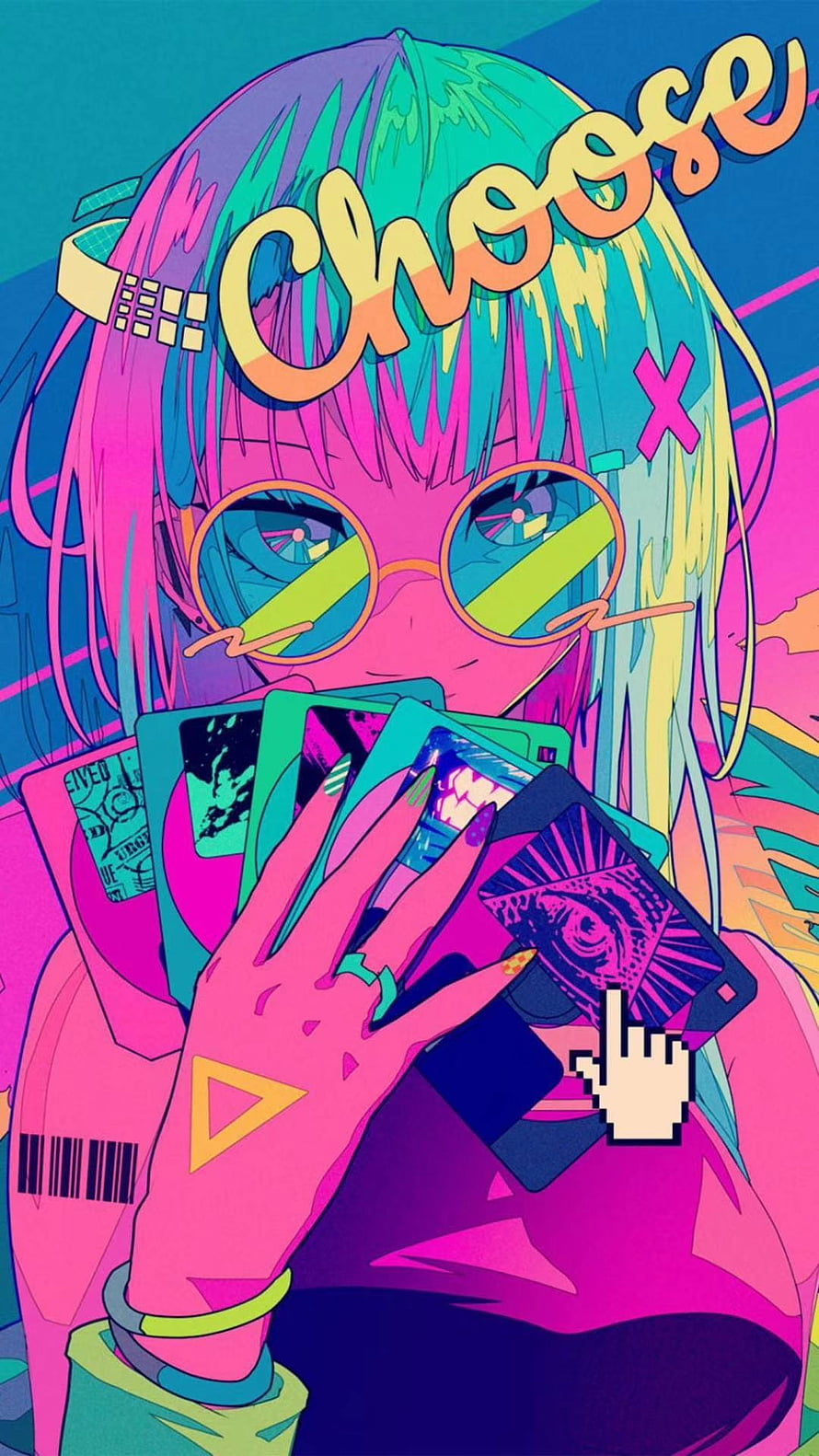 Neon Anime Girl Holding Cards with Pixel Cursor and Choose Text HD phone wallpaper
