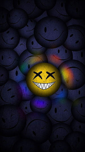 Creepy Yellow Smiley Face With X Eyes And Sharp Teeth Among Dark Background Emojis HD phone wallpaper