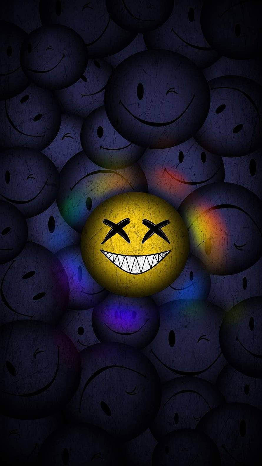 Creepy Yellow Smiley Face With X Eyes And Sharp Teeth Among Dark Background Emojis HD phone wallpaper