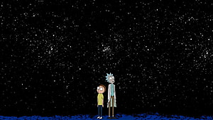 Rick and Morty Staring at the Starry Night Sky in a Minimalist Animated Scene HD wallpaper