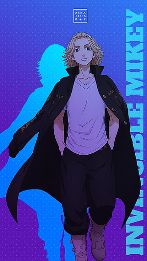 Mikey from Tokyo Revengers in Black Coat and White Tee Against Electric Blue and Purple Background HD phone wallpaper