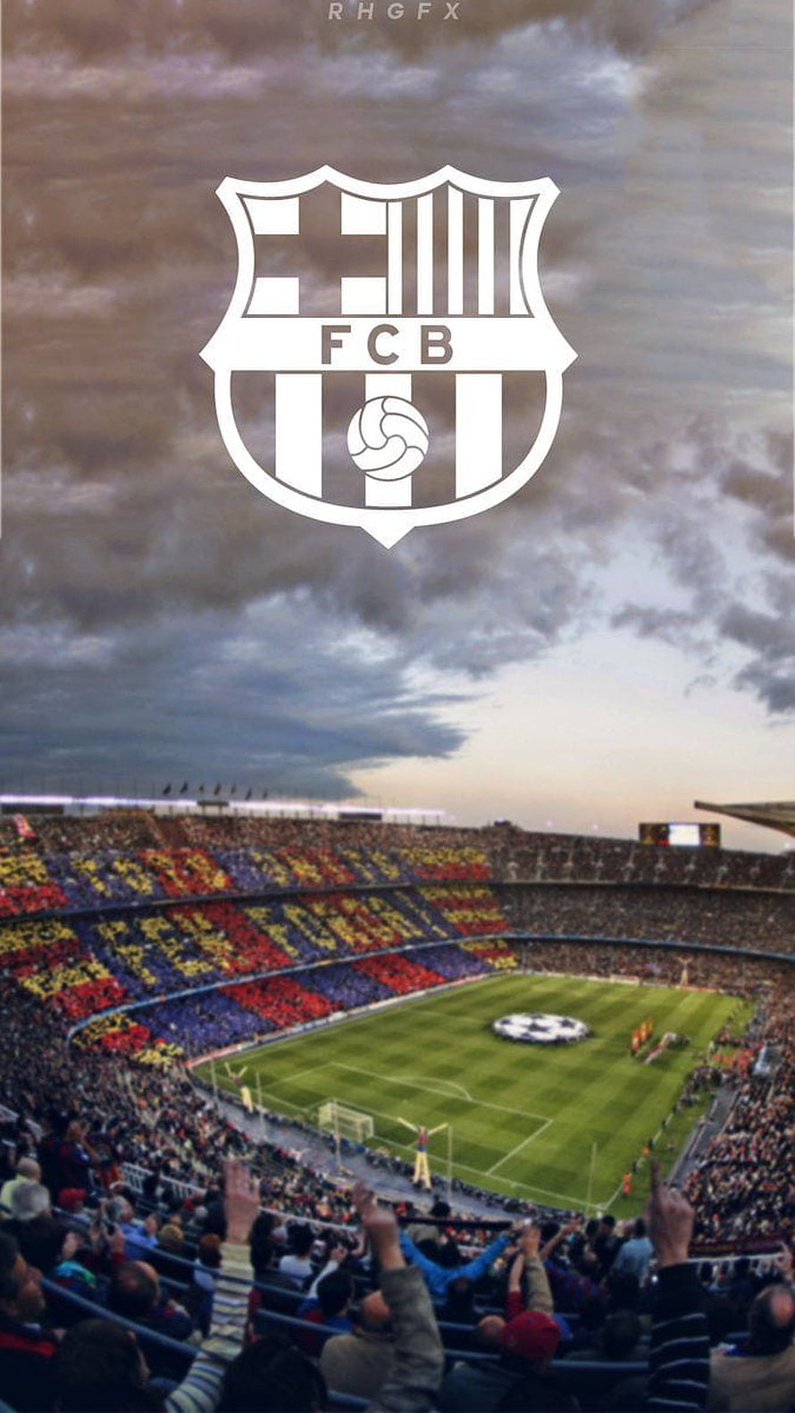 FC Barcelona Camp Nou Stadium with Mosaic Tifo and Dramatic Sky HD phone wallpaper