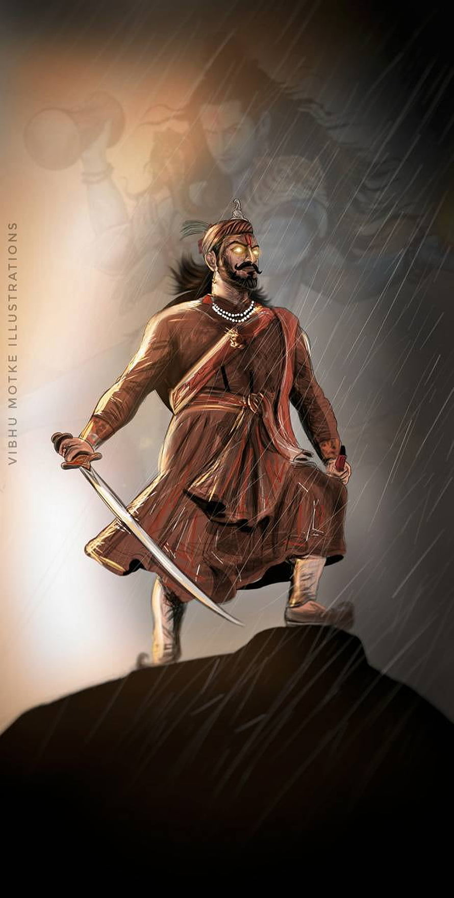 Sambhaji Maharaj Warrior Illustration in Dramatic Rain with Glowing Eyes and Sword HD phone wallpaper