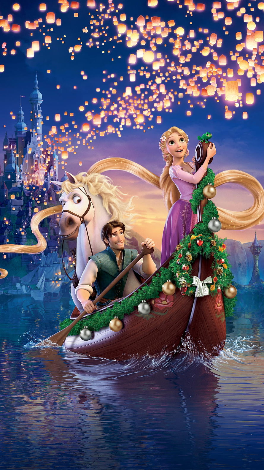 Tangled Christmas Lantern Festival Scene with Rapunzel and Flynn Rider in a Decorated Boat HD phone wallpaper
