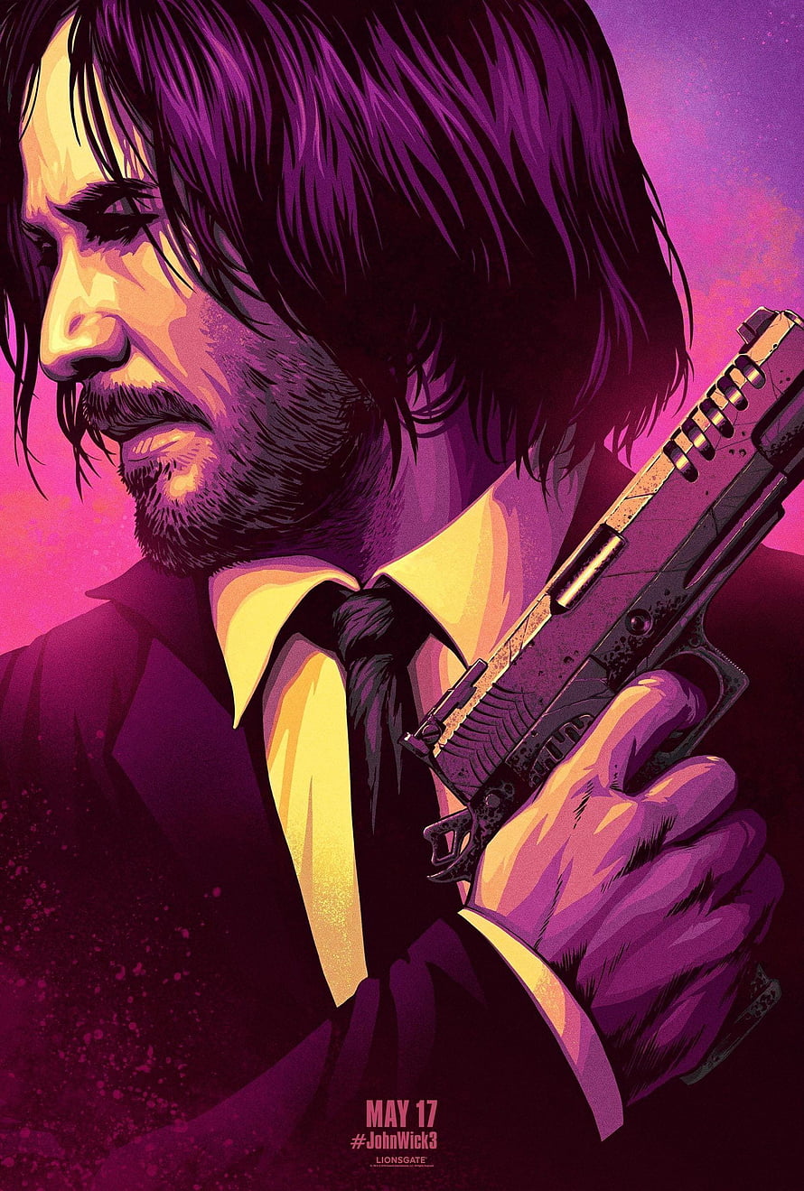 John Wick 3 Stylized Poster Art Featuring Keanu Reeves in a Suit Holding a Pistol Against a Purple Background HD phone wallpaper
