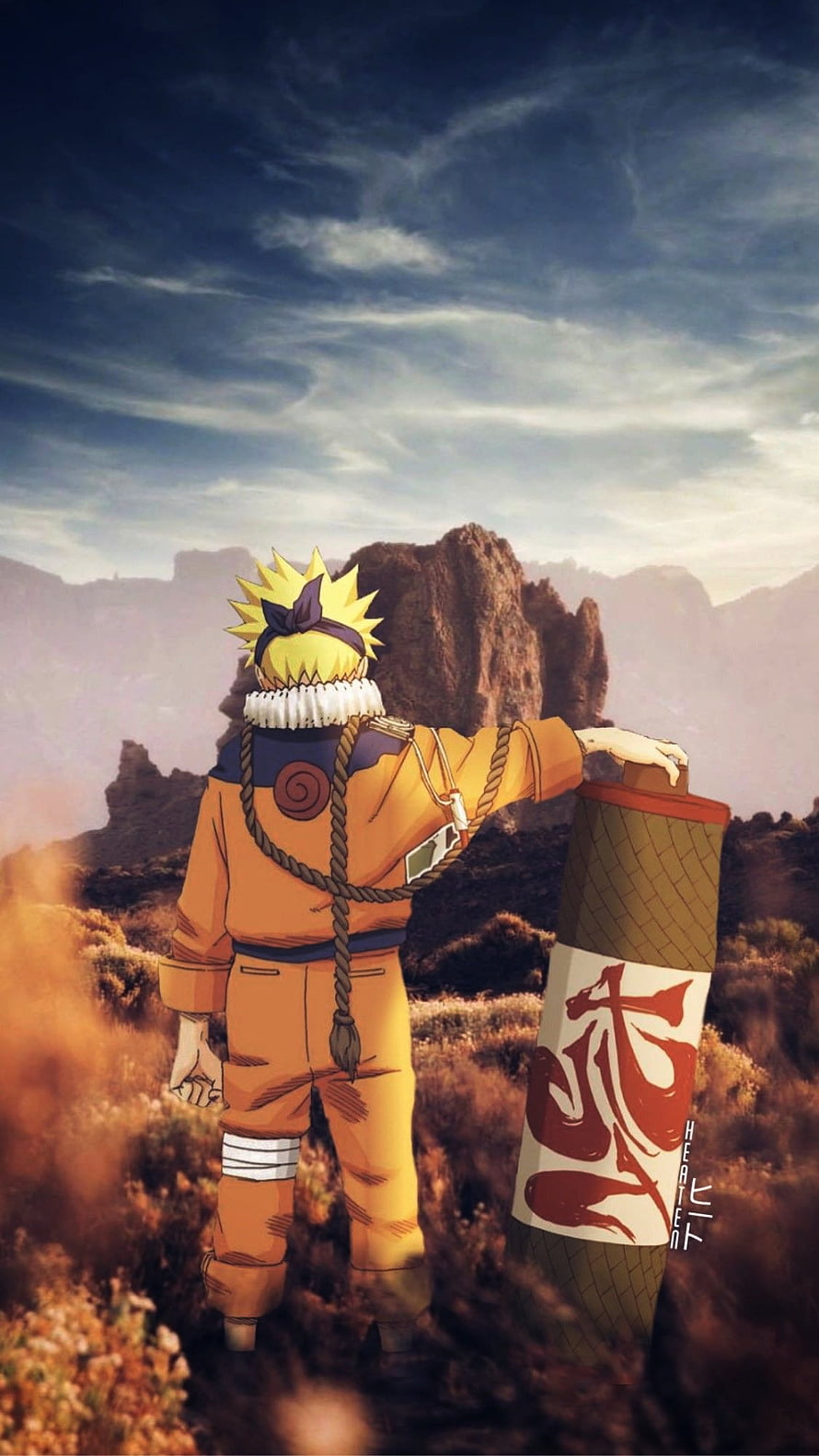 Naruto Uzumaki Standing in Desert Landscape with Scroll HD phone wallpaper