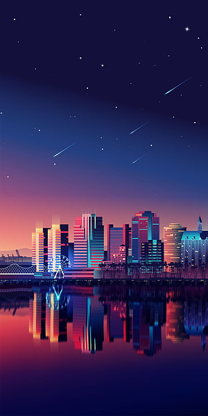 Neon City Skyline at Night with Shooting Stars and Water Reflection HD phone wallpaper