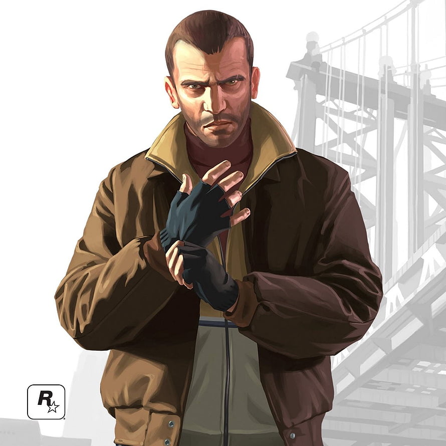 Niko Bellic from Grand Theft Auto IV in a brown jacket with a bridge in the background HD phone wallpaper