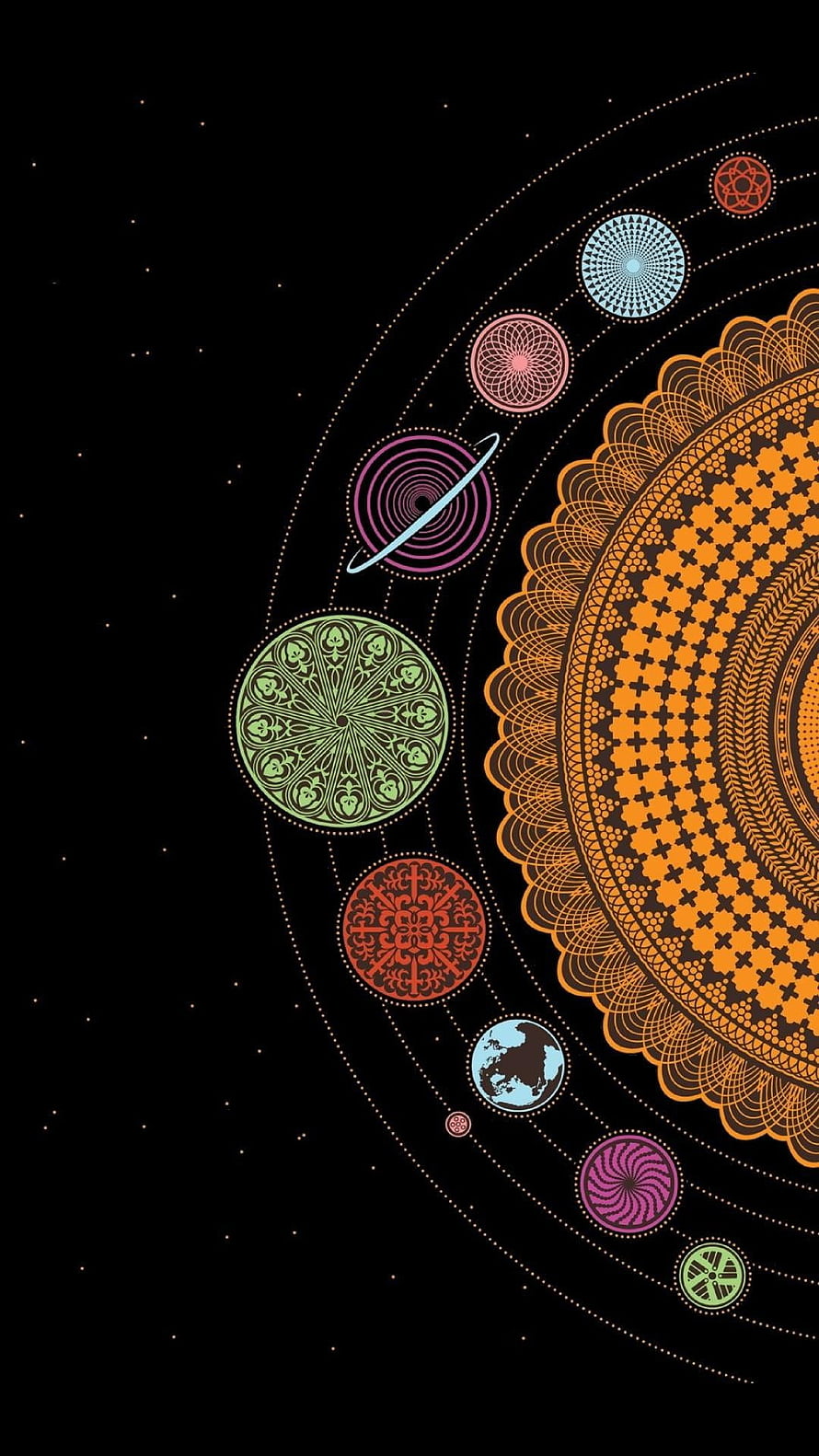 Colorful Mandala Solar System Illustration on Black Space Background HD phone wallpaper