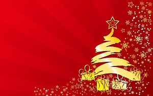 Golden Christmas Tree With Gifts And Snowflakes On Red Background HD wallpaper
