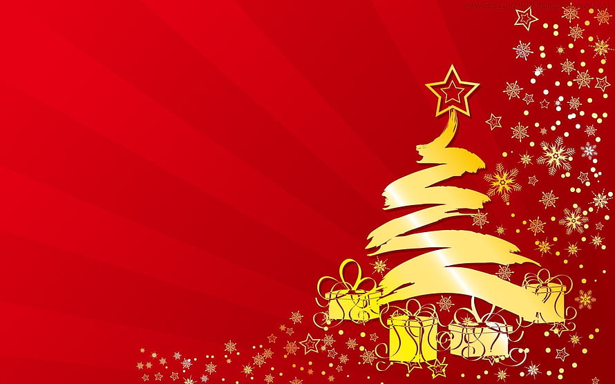 Golden Christmas Tree With Gifts And Snowflakes On Red Background HD wallpaper