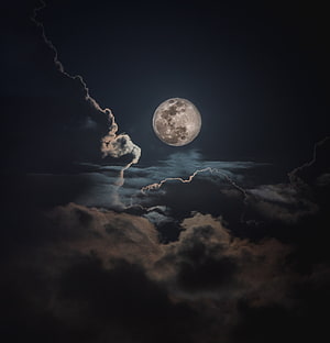 Full Moon Illuminating Dark Stormy Clouds in Night Sky HD phone wallpaper