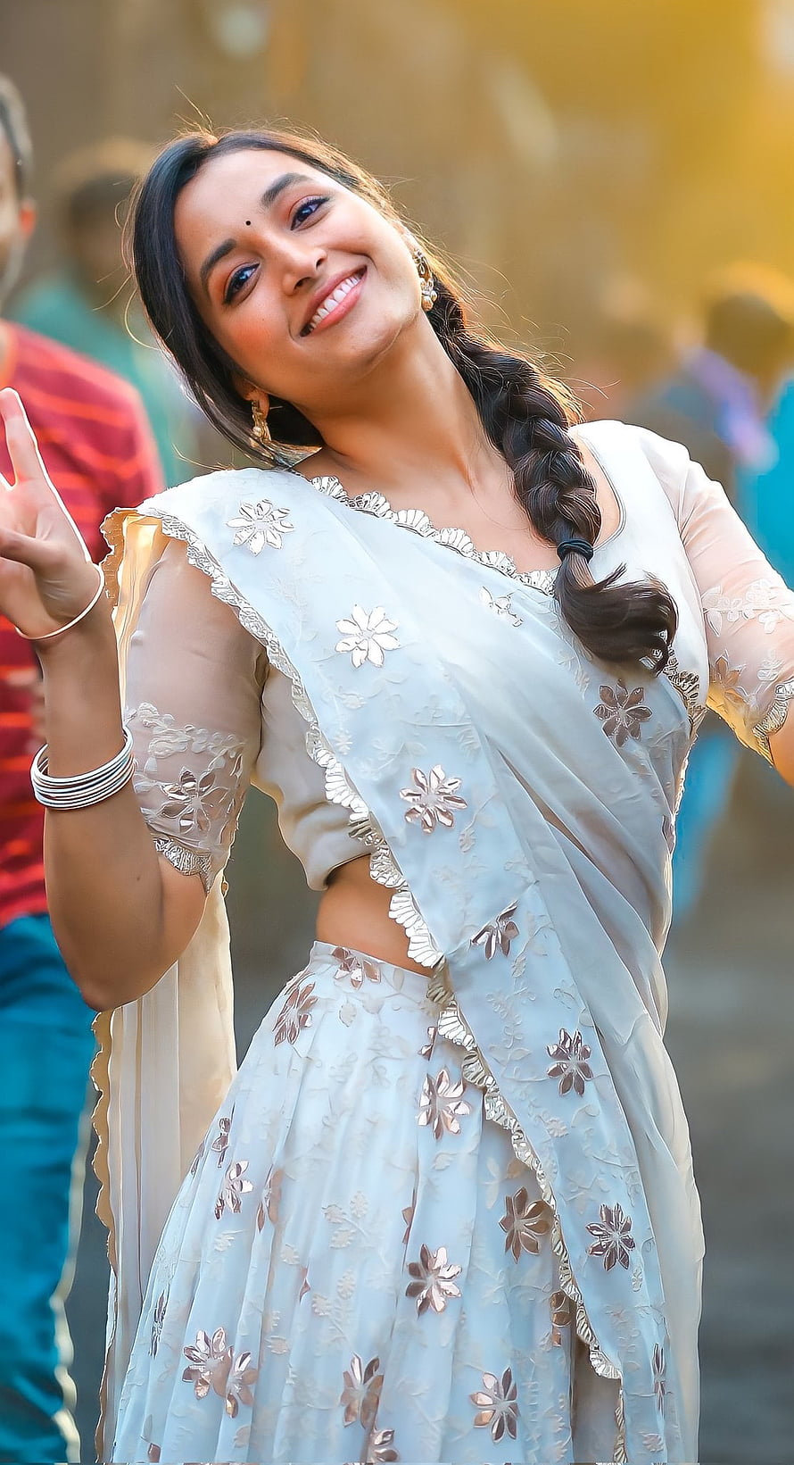 Radhika Pandit in a light blue lehenga choli with silver floral embroidery and a side braid HD phone wallpaper