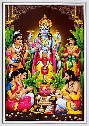 Lord Vishnu Performing Yajna Ritual with Devotees and Offerings HD phone wallpaper