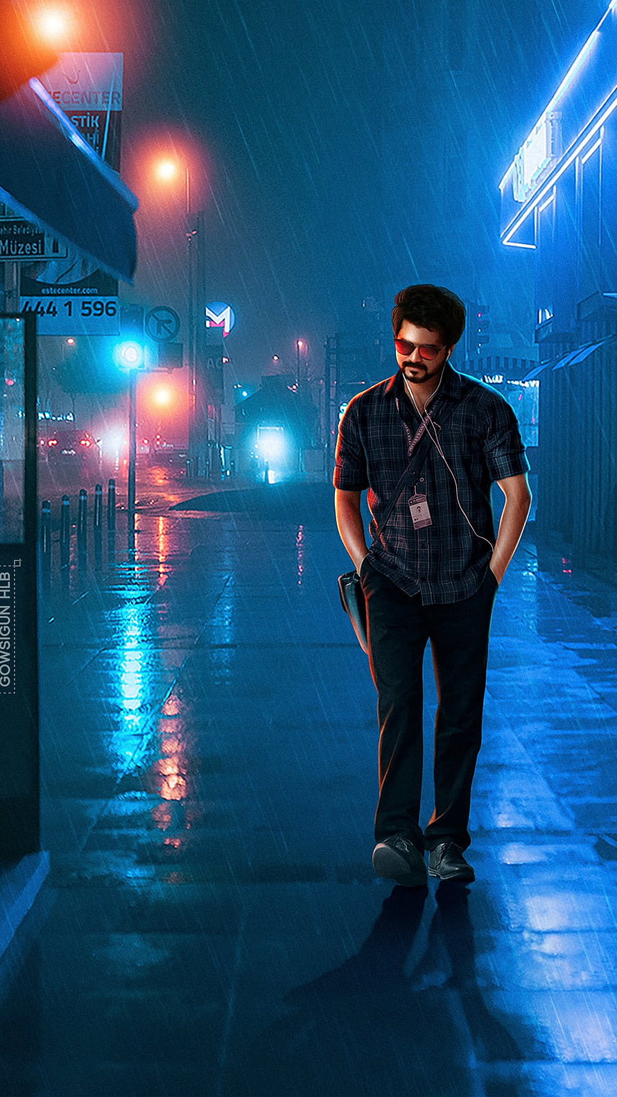 Man Walking in Rainy Neon City Street at Night with Blue and Orange Lighting, Master Vijay, Thalapathy Entry HD phone wallpaper